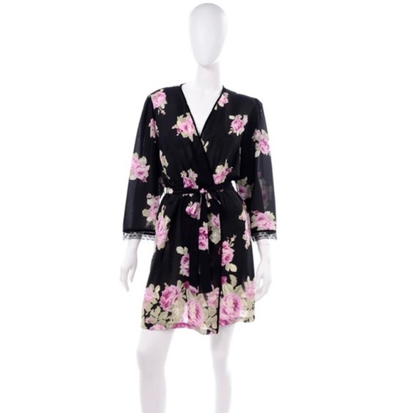 Oscar de la renta Floral Black and Pink Women's Robe - Picture 1 of 7